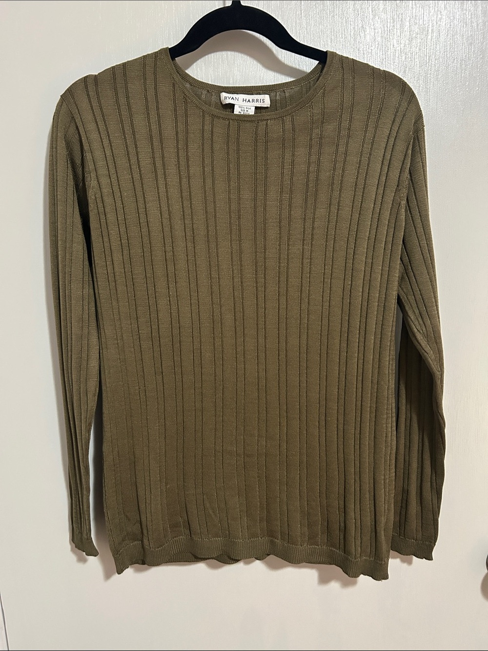 Ryan Harris 100% Silk Ribbed Knit Long Sleeve Sweater Top Olive Green M
